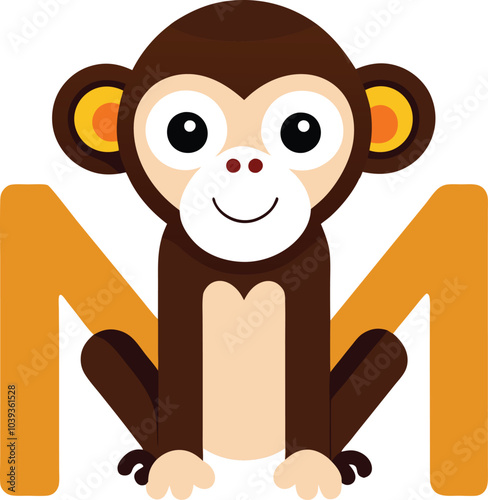 Adorable Monkey M: A charming illustration of a cartoon monkey sitting between the letter M, perfect for children's books, education, and branding.  