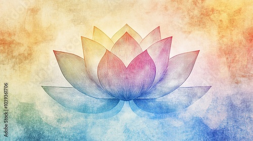 Delicate line-art illustration of a lotus flower illuminated by a vibrant spectrum of rainbow light,  creating an atmosphere of tranquility and spiritual awakening