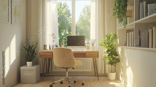 A cozy home office nook with a light wood desk, a modern chair, and a window overlooking greenery, creating a bright and inviting atmosphere