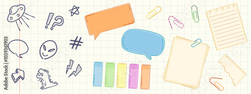 Note stickers with cute doodle elements for diary or bullet journal design. Vector set of planner or scrapbook memo frames and banners, bookmarks and paper clips, hand drawn decoration icons.