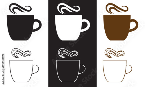 coffee mug icon. hot coffee or tea cup symbol with steam sign.  Vector illustration isolated on white and black background. EPs 10