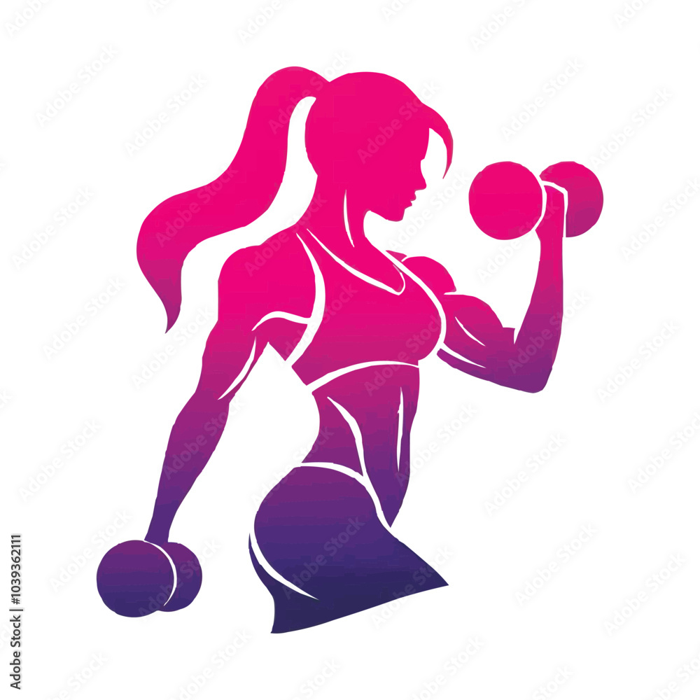 stylized silhouette of a strong woman lifting pink dumbbells stylized silhouette of a strong woman lifting pink dumbbells