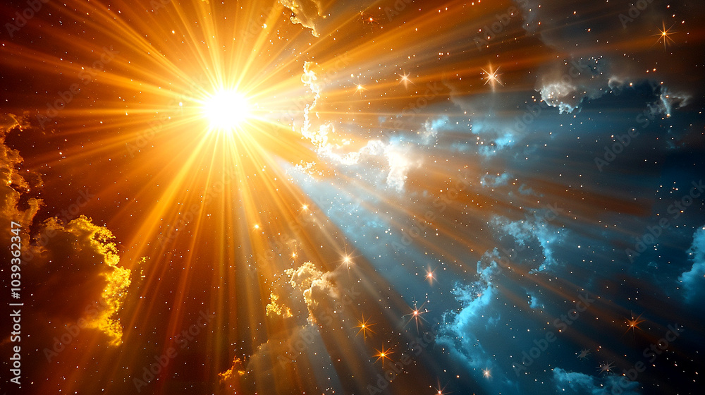 Golden rays burst through cosmic clouds in a breathtaking celestial display Golden rays burst through cosmic clouds in a breathtaking celestial display