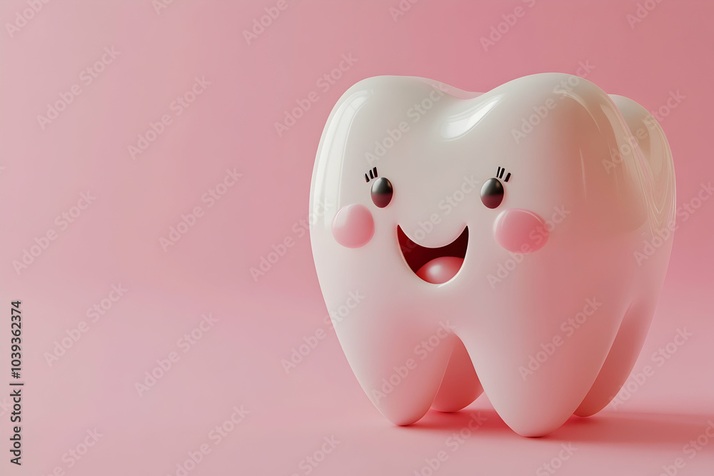 Cute cartoon tooth character with happy face on soft pink background Cute cartoon tooth character with happy face on soft pink background