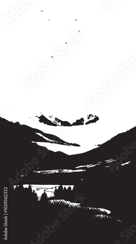 A valley with distant mountains. silhouette illustration