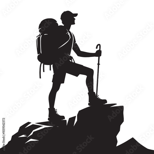 Silhouette of a hiker standing on top of a mountain with a backpack.