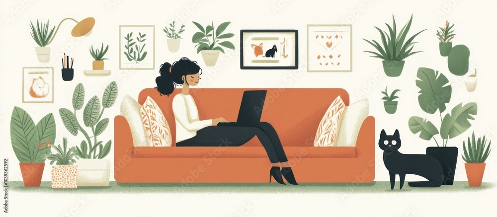 Fototapeta premium Woman working on laptop on a sofa, surrounded by plants and a cat.