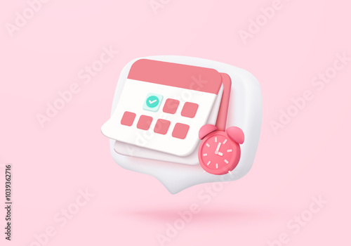 3d calendar date and time for reminder day with notice alert. Calendar clock for schedule appointment and marked notifications alert concept. 3d date reminder icon vector render illustration