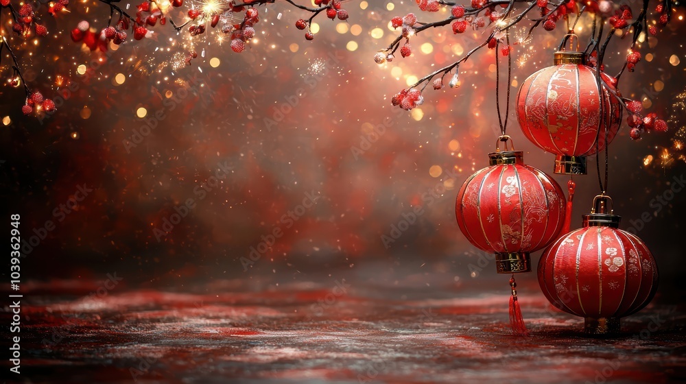 Fototapeta premium A tranquil scene featuring glowing red lanterns surrounded by delicate blossoms and shimmering lights, evoking a festive and warm atmosphere.