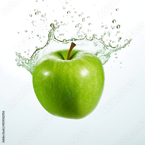 Fresh Green apple and splash of water on white background