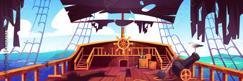 Broken abandoned pirate ship wooden deck with destroyed floor and railings, damaged steering wheel and torn black sails. Cartoon vector gull sit on old cracked sailboat. Shipwreck in sea or ocean.