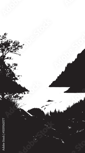 A valley with distant mountains. silhouette illustration