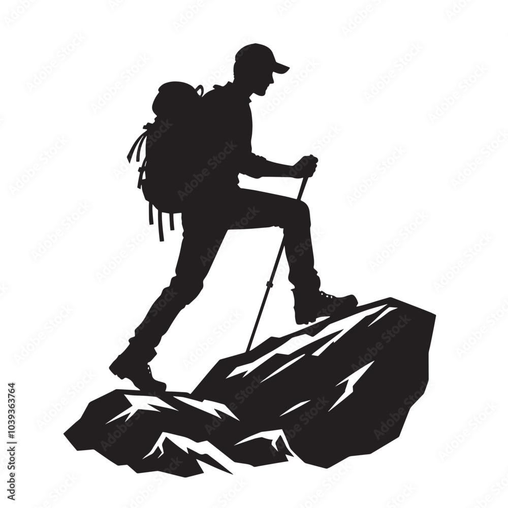 Fototapeta premium Silhouette of a hiker with a backpack walking on a mountain.