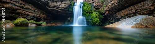 Stunning waterfall cascading into a tranquil pool surrounded by lush greenery.