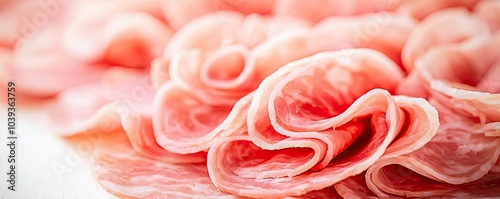 Close-up of rolled slices of delicate pink ham on a white surface.