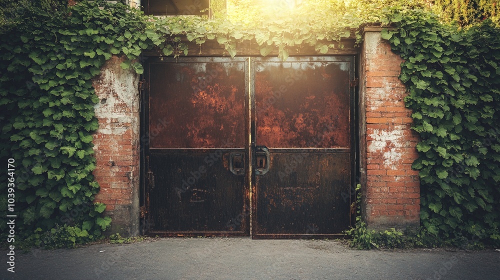 Closed factory gates with rusting metal and faded paint, symbolizing the decline of industry and the passage of time, reflecting a poignant reminder of economic shifts and the human impact of change Closed factory gates with rusting metal and faded paint, symbolizing the decline of industry and the passage of time, reflecting a poignant reminder of economic shifts and the human impact of change