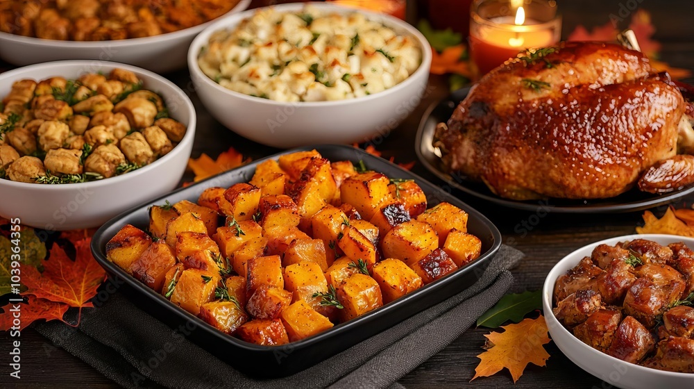 Vibrant Thanksgiving table with a focus on candied yams alongside roasted turkey and other side dishes Vibrant Thanksgiving table with a focus on candied yams alongside roasted turkey and other side dishes