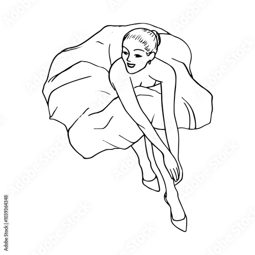 smiling woman in a dress with a fluffy hem sits with her arms outstretched and resting them on her legs, top view - hand drawn line sketch