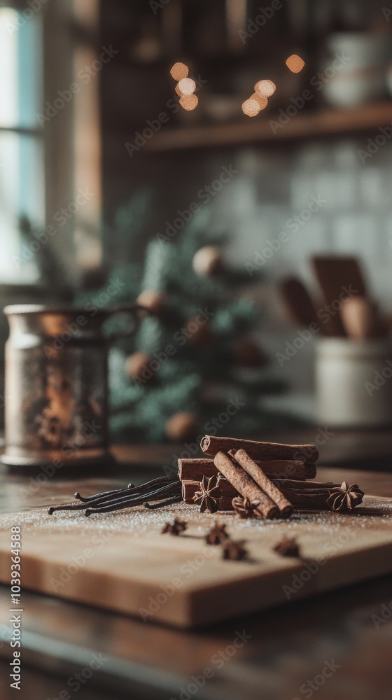 An empty scene featuring cinnamon bark and vanilla beans artfully arranged on a rustic kitchen counter, creating an ideal product mockup space, An empty scene featuring cinnamon bark and vanilla beans artfully arranged on a rustic kitchen counter, creating an ideal product mockup space,