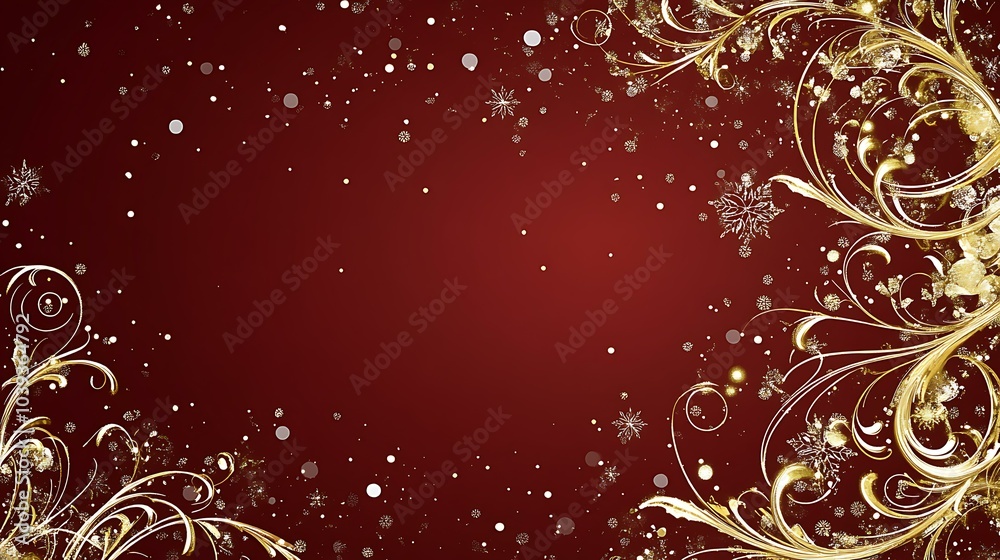 Festive Christmas design with elegant gold and white ornate swirls on a deep red background Festive Christmas design with elegant gold and white ornate swirls on a deep red background