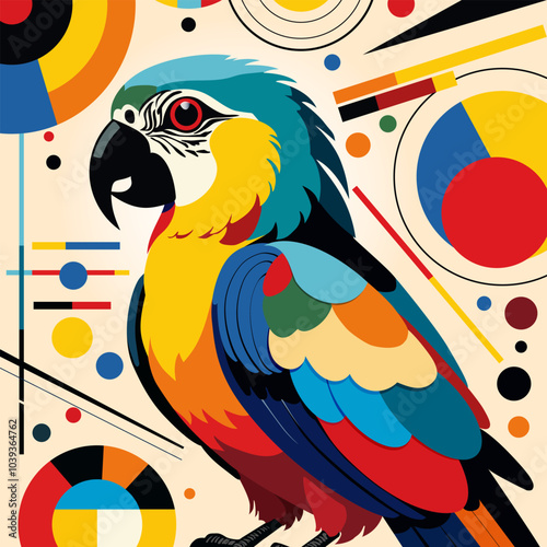 Colorful parrot, cartoon illustration, vector cartoon illustration, abstractionism, abstractionism, flat style, 
poster,  tropical nature design elements, jungle wildlife characters