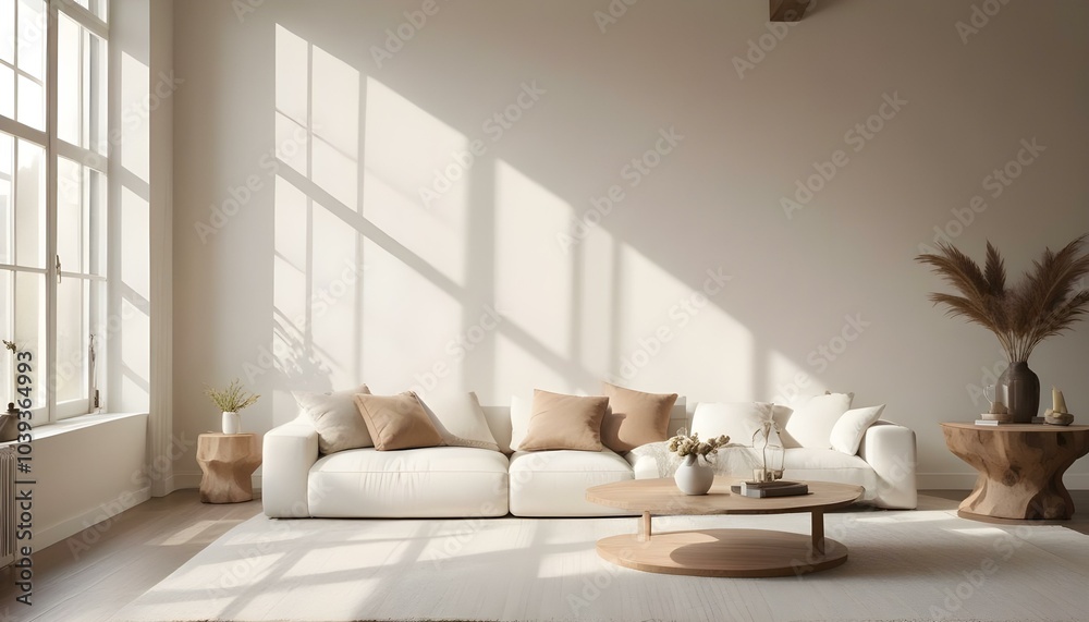 A cozy living room with a large, plush white sofa, several decorative pillows, and a wooden coffee table.