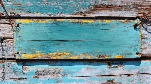 Close-up of a weathered with rustic charm, vibrant blue and yellow colors, vintage style.