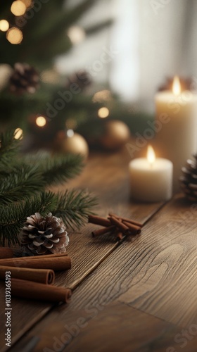 An empty scene featuring cinnamon sticks, pine cones, and glowing candles arranged artfully on a wooden holiday table, creating an ideal product mockup space, 