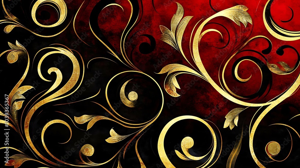 Ornate golden swirls against a sleek black and red background for a sophisticated holiday card