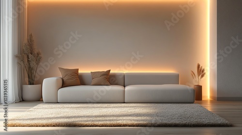 Minimalist cozy living room with a lowprofile sofa, fluffy wool rug, and soft lighting, clean yet comfortable, cozy minimalist living room, simple and serene