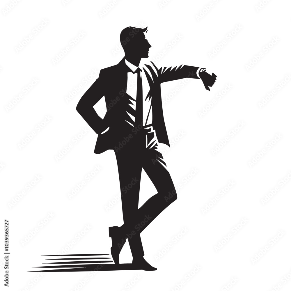 Obraz premium Silhouette of a man in a suit standing with his hand on his hip and looking at his watch.