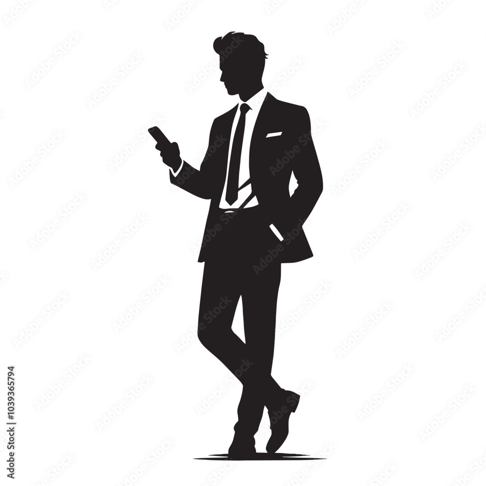 Obraz premium Silhouette of a man in a suit using his smartphone.