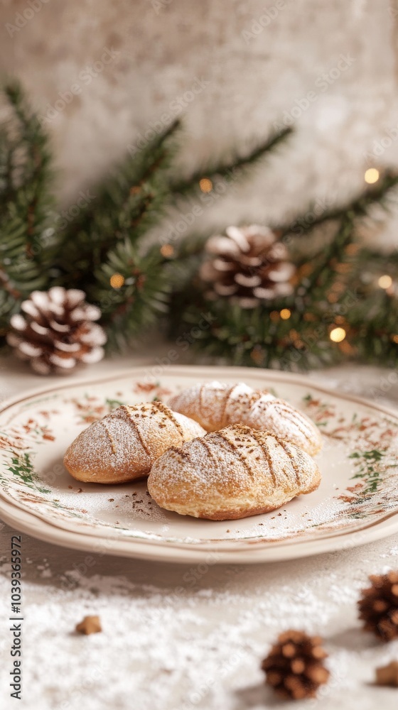 An empty scene featuring cinnamon-scented pastries resting on a vintage holiday plate, surrounded by garland, creating an ideal product mockup An empty scene featuring cinnamon-scented pastries resting on a vintage holiday plate, surrounded by garland, creating an ideal product mockup