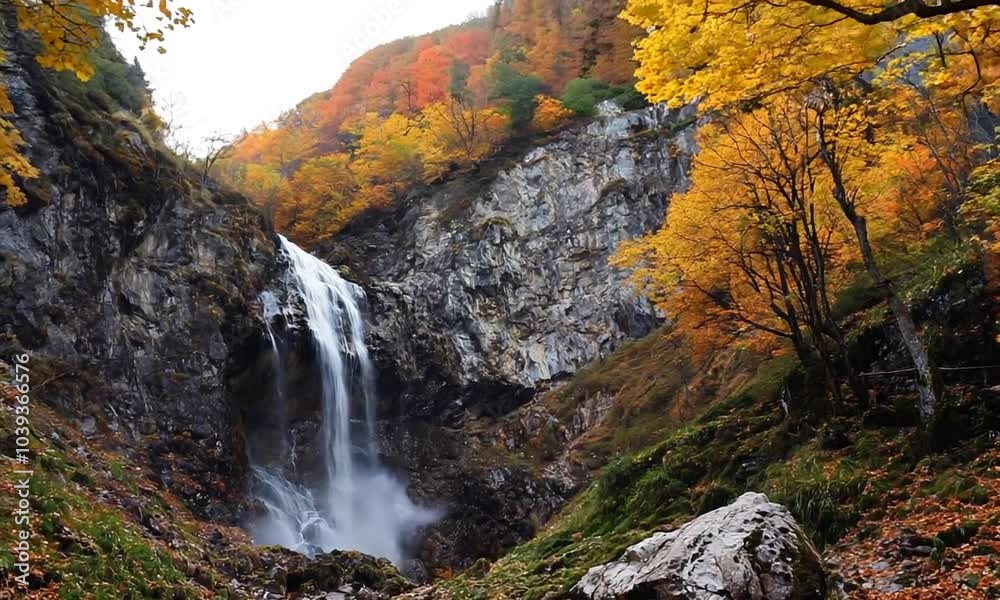 A cascading waterfall tumbles down a rocky cliff, framed by vibrant fall foliage. A cascading waterfall tumbles down a rocky cliff, framed by vibrant fall foliage.