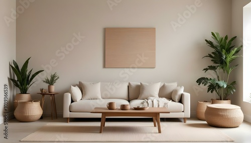 A minimalist living room with a beige sofa, a wooden coffee table, and a large framed mirror on the wall.