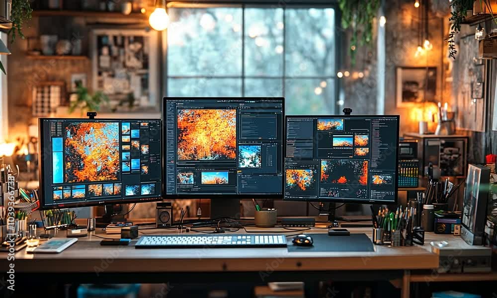 A cozy workspace with multiple monitors displaying vibrant images.