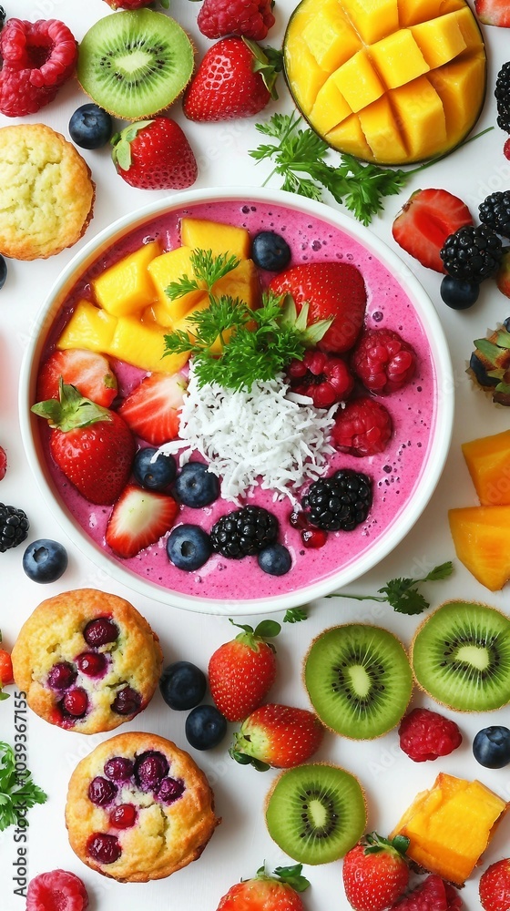 Delicious and Healthy Smoothie Bowl with Fresh Fruits and Toppings Delicious and Healthy Smoothie Bowl with Fresh Fruits and Toppings