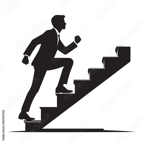 Silhouette of a man walking up a staircase, representing progress and success.