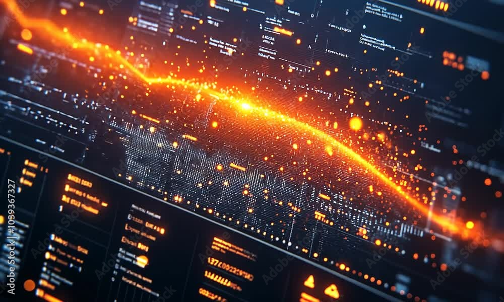 Abstract digital interface with glowing data visualizations.