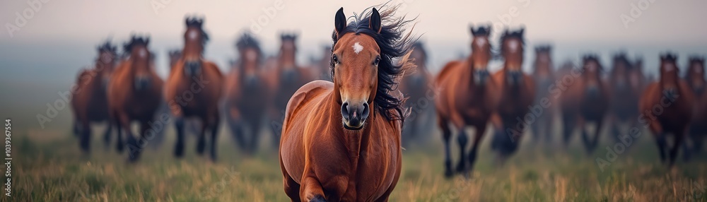 Obraz premium Horse running wildly in a herd on a foggy morning in the countryside.