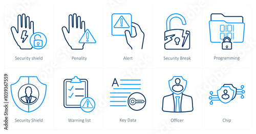 A set of 10 gdpr icons as security shield, penality, alert
