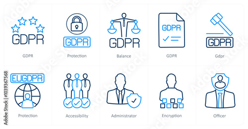 A set of 10 gdpr icons as gdpr, protection, balance