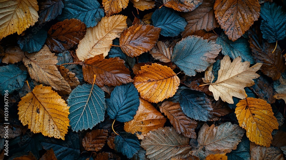 A close-up image of a colorful array of autumn leaves in shades of blue, orange, and brown, creating a rich, textured natural pattern. A close-up image of a colorful array of autumn leaves in shades of blue, orange, and brown, creating a rich, textured natural pattern.