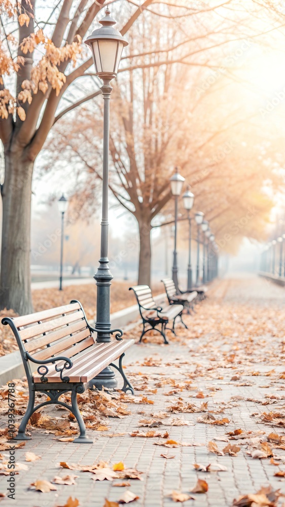 Empty park benches in a foggy autumn morning, tranquil scene Empty park benches in a foggy autumn morning, tranquil scene