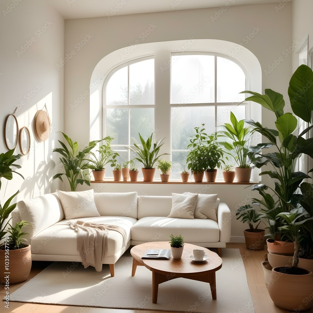 This cozy and minimalist living room has a large window that allows natural light to stream in and cast shadows of plants onto the wall. This cozy and minimalist living room has a large window that allows natural light to stream in and cast shadows of plants onto the wall.