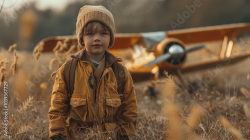 The boy dreams of becoming a pilot. The boy in front of the plane in the field photo