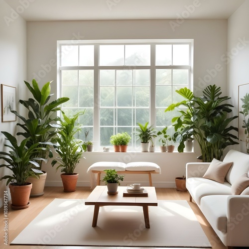 This cozy and minimalist living room has a large window that allows natural light to stream in and cast shadows of plants onto the wall.