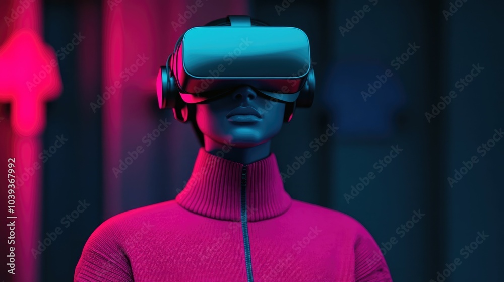 Immersive Futuristic Virtual Reality Cyber Monday Shopping Experience with Floating Glowing Sale Promotion Displayed in a Dark Environment with Red and Blue Lighting Immersive Futuristic Virtual Reality Cyber Monday Shopping Experience with Floating Glowing Sale Promotion Displayed in a Dark Environment with Red and Blue Lighting