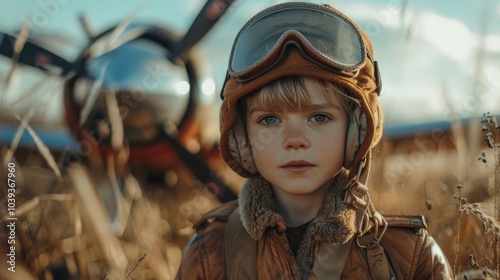 The boy dreams of becoming a pilot. The boy in front of the plane in the field photo