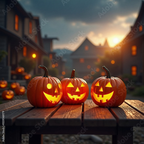 Halloween pumpkins on wooden table